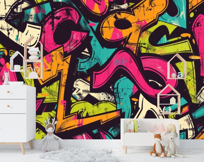 Vivid Grunge Graffiti Kids Teenager Gift, Art Print Photomural Wallpaper Mural Easy-Install Removeable Peel and Stick Large Wall Decal Art