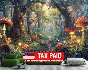 Enchanted Forest Mushroom Wall Mural, Luminous Wallpaper, Peel and Stick
