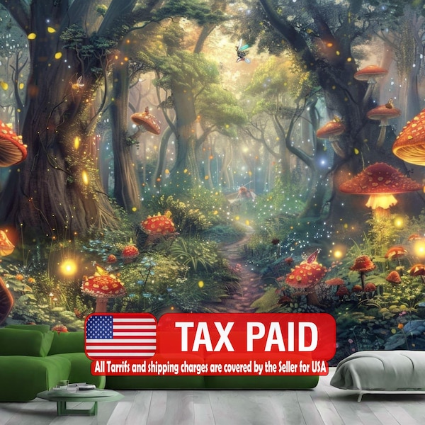 Enchanted Forest Mushroom Wall Mural, Luminous Wallpaper, Peel and Stick