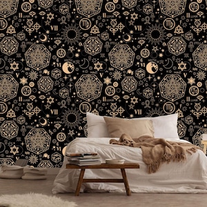 Esoteric Pattern with Alchemical Elements Gift, Art Print Photomural Wallpaper Mural Easy-Install Removeable Peel and Stick Large Wall Decal