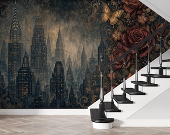 Dark City Skyline Rose Art Wallpaper Mural, Peel and Stick