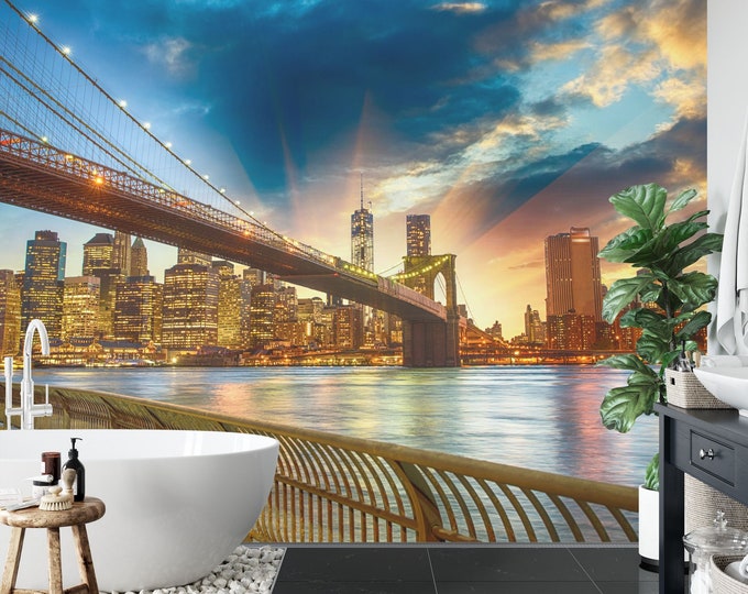 New York City, Brooklyn Bridge, Gift, Art Print Photomural Wallpaper Mural Easy-Install Removeable Peel and Stick Large Photo Wall Decal