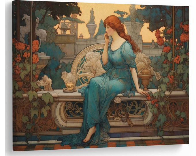 Art Nouveau print of a young woman on a bench Generative AI Natural Canvas Print Wall Art Picture Great Gift Idea High-Quality Home Wall Art