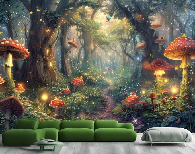 Enchanted Forest Luminous Mushrooms Gift, Art Print Photomural Wallpaper Mural Easy-Install Removeable Peel and Stick Large Wall Decal Art