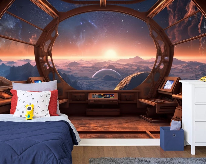 Outer Space Spaceship window View Gift, Stars Astronomy Kids Room Decor Easy-Install Wall Mural Wallpaper Peel and Stick Modern Art Washable