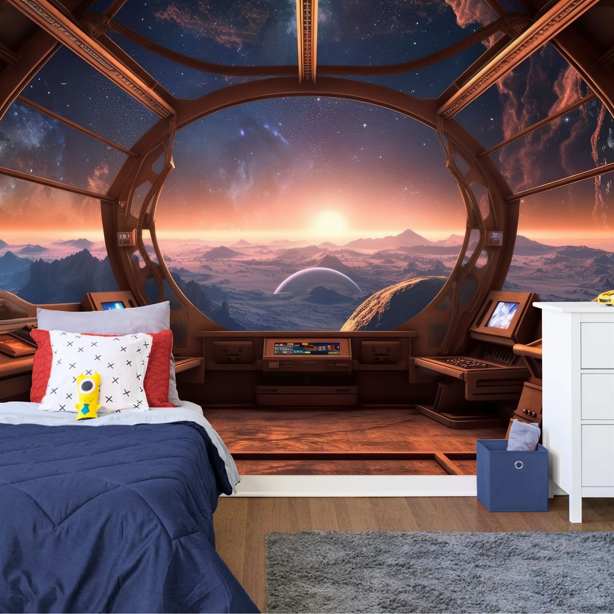 Outer Space Spaceship window View Gift, Stars Astronomy Kids Room Decor Easy-Install Wall Mural Wallpaper Peel and Stick Modern Art Washable
