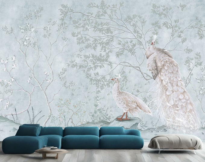 Chinoiserie Vintage Peacock Flowers Gift Art Print Photomural Wallpaper Mural Easy-Install Removeable Peel and Stick Large Wall Decal Art
