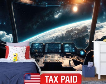 Raumschiff Fensterbild, Sterne Astronomie Kinderzimmer Tapete zum Abziehen und Aufkleben