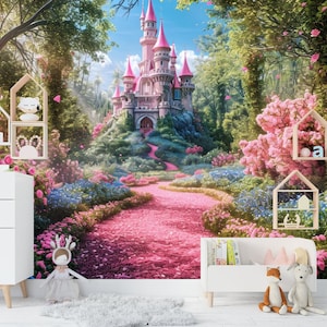 魔法のピンクのお城の花の草原ギフト、アートプリント写真壁画壁紙壁画簡単に取り付け取り外し可能剥がして貼れる大きな壁用デカールアート