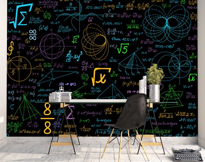 Math Formulas Color Chalk Blackboard Gift, Art Print Photomural Wallpaper Mural Easy-Install Removeable Peel and Stick Large Wall Decal Art