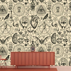 Abstract Vintage Alchemy Esoteric witchcraft Wallpaper sketches Gothic Easy-Install Wall Mural Wallpaper Peel and Stick Modern Art Washable