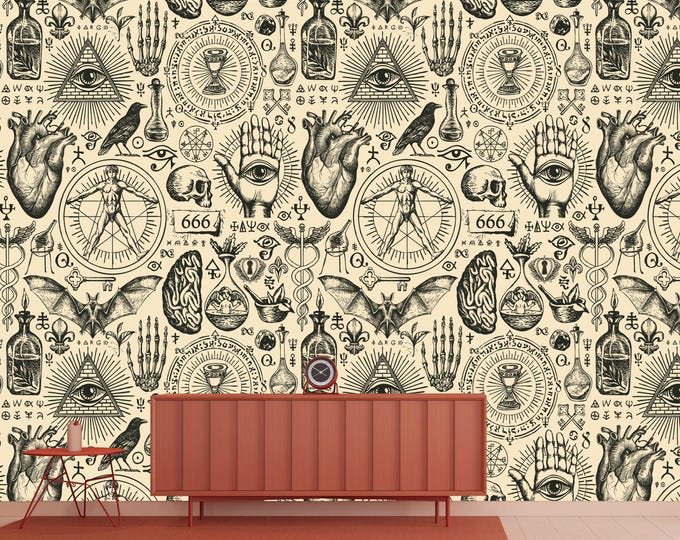 Abstract Vintage Alchemy Esoteric witchcraft Wallpaper sketches Gothic Easy-Install Wall Mural Wallpaper Peel and Stick Modern Art Washable