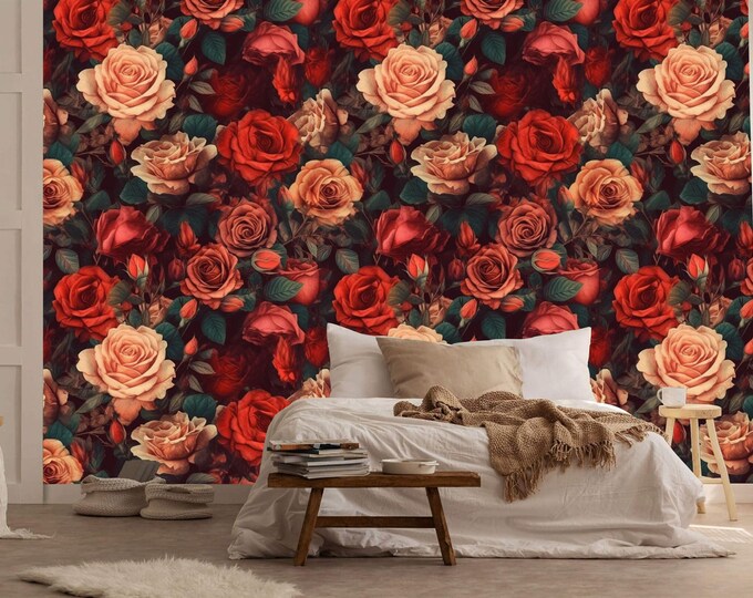 Red Roses Flowers Pattern Generative AI Gift, Art Print Photomural Wallpaper Mural Easy-Install Removeable Peel and Stick Large Wall Decal