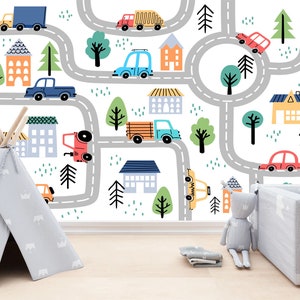 Colorful Cars Trains Nursery Kids Room, Cartoon Road Gift Art Print Photomural Wallpaper Mural Easy-Install Removeable Peel and Stick Decal