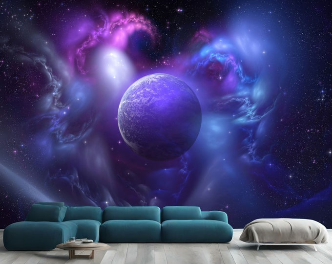 Blue Planet Colors Explosions Space Galaxy Gift, Art Print Photomural Wallpaper Mural Easy-Install Removeable Peel and Stick Wall Decal Art