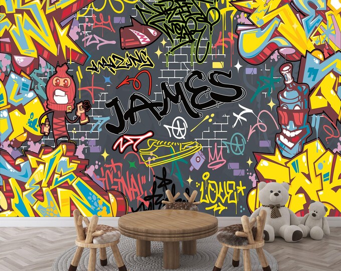 Graffiti Theme Gaming Room, Custom Art, PERSONALIZED NAME Decal Sticker Gift For Kids, Teenage Wall Sticker Removable Peel & Stick Washable
