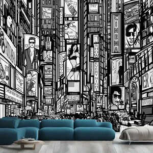 Cartoon City Street Black and White Comic Kids Room Gift, Art Print Photomural Wallpaper Mural Easy-Install Removeable Peel and Stick Decal