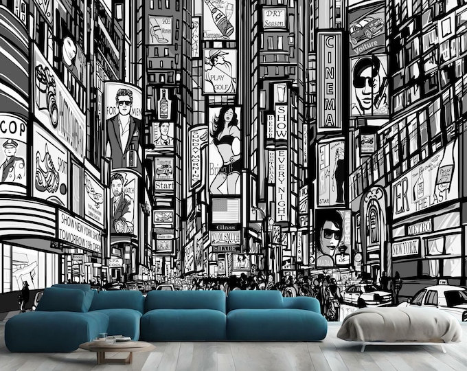 Cartoon City Street Black and White Comic Kids Room Gift, Art Print Photomural Wallpaper Mural Easy-Install Removeable Peel and Stick Decal