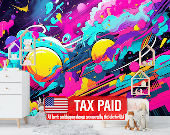 Neon Graffiti Wallpaper Mural, Abstract Peel and Stick Wall Decal