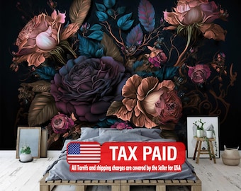 Baroque Peony Wall Mural, Rich Deep Colors, Peel and Stick Wallpaper
