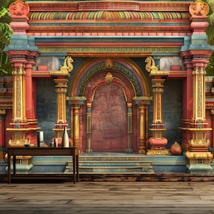 Südindische Hindu-Tempelwand mit Bogen-Dekor-Wandgeschenk, Kunstdruck-Fototapete Wandbild Einfach zu installieren und abziehbar