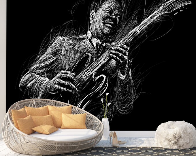Blues Jazz Musician Sketch Art Print Photomural Wallpaper Mural Easy-Install Removeable Peel and Stick Premium Large Image Photo Wall Decal
