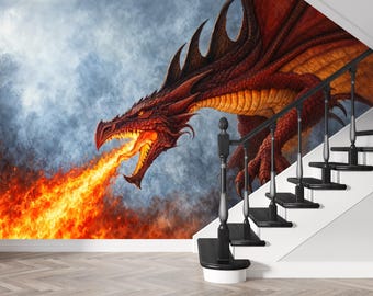 Red Fire Dragon Art Portrait Wallpaper Mural, Peel and Stick