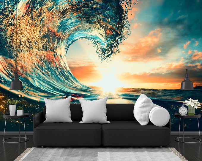 Ocean waves Sunset Sea Surfing, Gift, Art Print Photomural Wallpaper Mural Easy-Install Removeable Peel and Stick Large Photo Wall Decal New