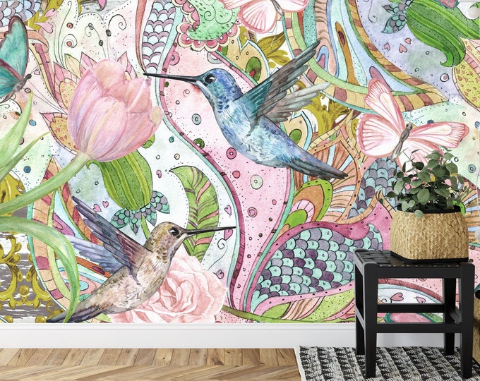Watercolor Paint of Ethnic floral Ornament and Hummingbirds Gift Art Print Photomural Wallpaper Mural Easy-Install Removeable Peel and Stick