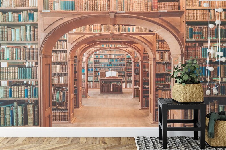 Library Bookshelves Wallpaper Mural, Removable Peel and Stick Wall ...