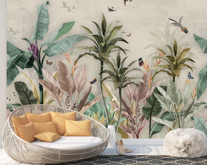 Tropical Leaves and Birds Pattern Art Print Photomural Wallpaper Wall Decor Easy-Install Removeable Peel & Stick High Quality Washable Vlies