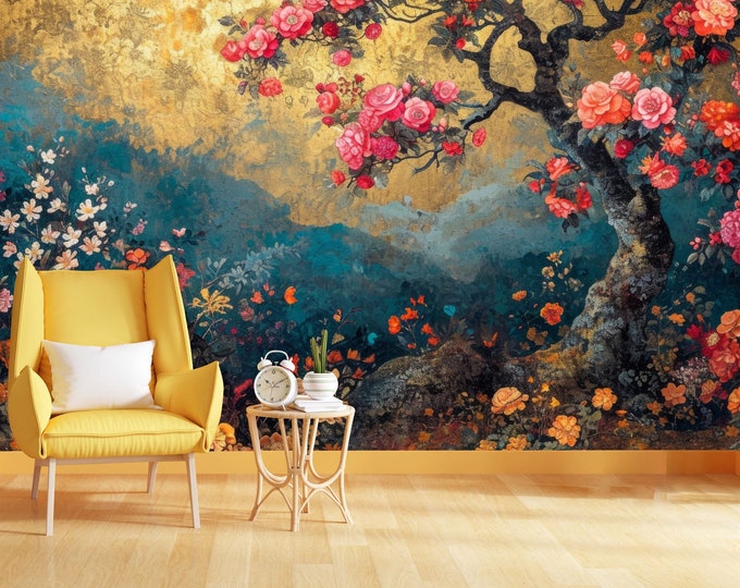 Vintage Chinoiserie Oil Painting Flowers Gift, Art Print Photomural Wallpaper Mural Easy-Install Removeable Peel and Stick Large Wall Decal
