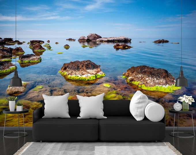 Gorgeous black sea stone blocks, Gift, Art Print Photomural Wallpaper Mural Easy-Install Removeable Peel and Stick Large Photo Wall Decal