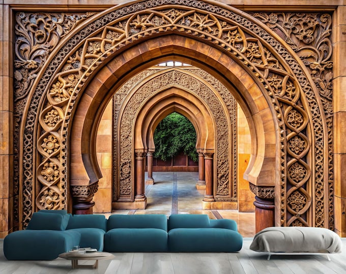 Arabian Nights Decoration Islamic Arches Gift, Art Print Photomural Wallpaper Mural Easy-Install Removeable Peel and Stick Large Wall Decal