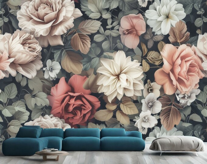 Vintage Flowers Roses Peonies Pastel Colors Gift, Art Print Photomural Wallpaper Mural Easy-Install Removeable Peel and Stick Large Decal