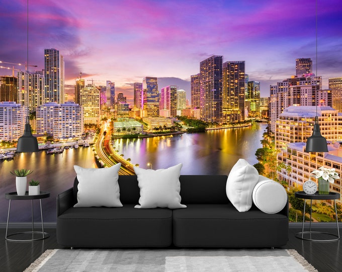 Miami Florida Downtown Sunset Skyline Gift Art Print Photomural Wallpaper Mural EasyInstall Removeable Peel and Stick Large Photo Wall Decal