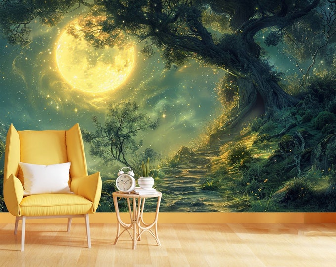 Glowy Magical Pathway in Enchanted Forest Gift, Art Print Photomural Wallpaper Mural Easy-Install Removeable Peel and Stick Large Wall Decal