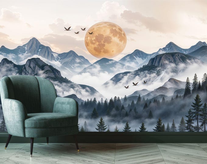 Gorgeous Japanese Mountains Birds Sunset Nursery Wall Gift Art Print Photomural Wallpaper Mural Easy-Install Removeable Peel and Stick Decal