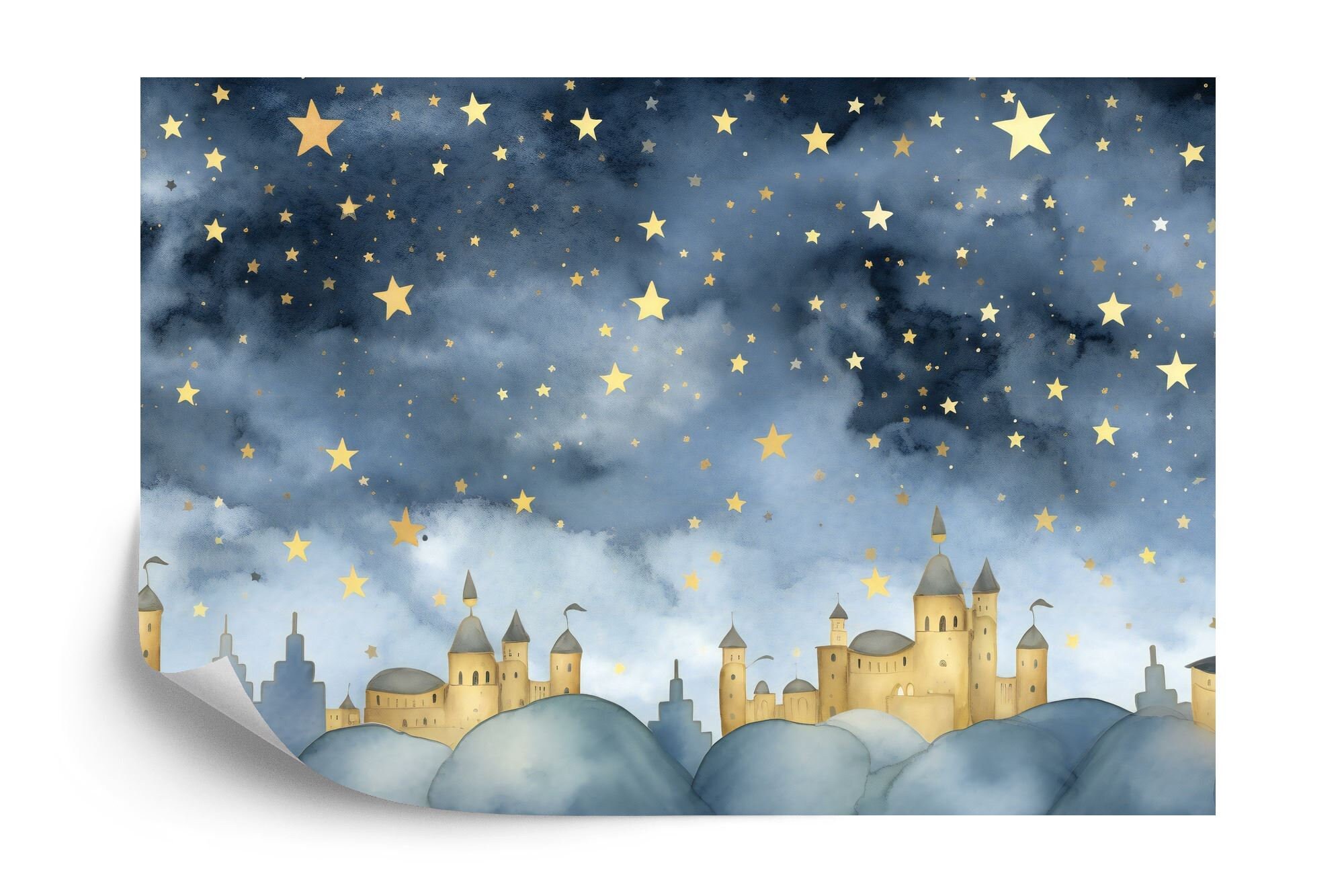 Watercolor Fairytale Castle Wallpaper Mural, Starry Sky Peel and Stick ...