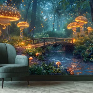 Enchanted Forest Luminous Mushrooms Gift, Art Print Photomural Wallpaper Mural Easy-Install Removeable Peel and Stick Large Wall Decal Art