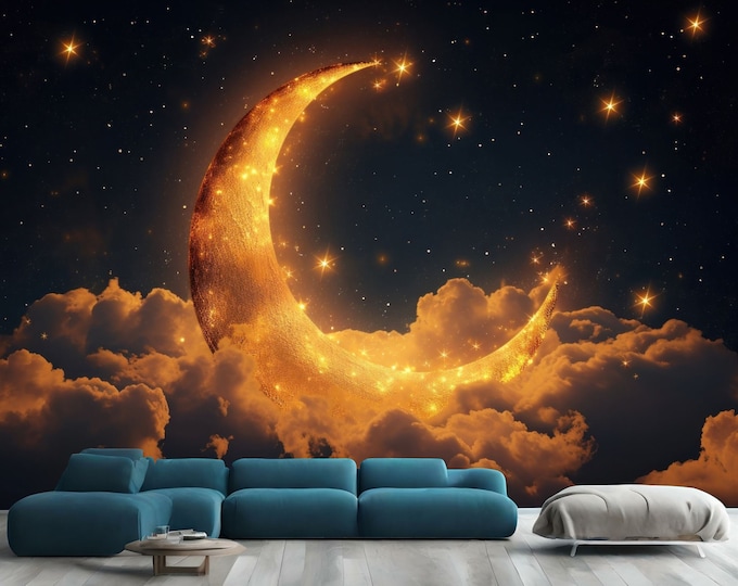 Golden Crescent Starry Clearn Night Sky Gift Art Print Photomural Wallpaper Mural Easy-Install Removeable Peel and Stick Large Wall Decal