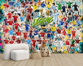 Football Soccer, Legends Wallpaper Mural, Boys Room Decor, Peel and Stick Decal