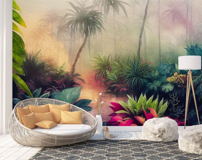 3D Picturesque Jungle Tropical Watercolor Gift, Art Print Photomural Wallpaper Mural Easy-Install Removeable Peel and Stick Large Wall Decal