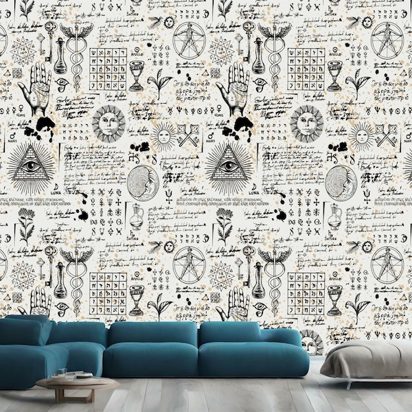 Abstract Vintage Alchemy Esoteric witchcraft Wallpaper sketches Gothic Easy-Install Wall Mural Wallpaper Peel and Stick Modern Art Washable