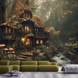 Enchanted Fairy Whimsical Home House Forest Gift, Art Print Photomural Wallpaper Mural Easy-Install Removeable Peel and Stick Wall Decal Art