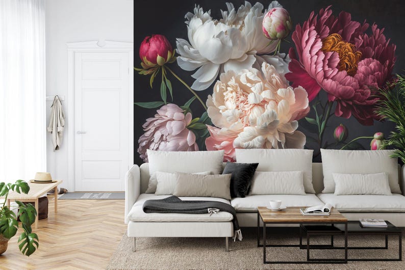 Baroque Peonies Wallpaper Mural, Rich Deep Colors, Easy-install Peel ...