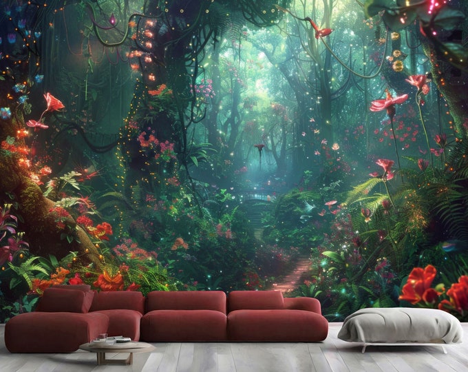 Magical Enchanted Forest Glowing Flowers Gift, Art Print Photomural Wallpaper Mural Easy-Install Removeable Peel and Stick Large Wall Decal