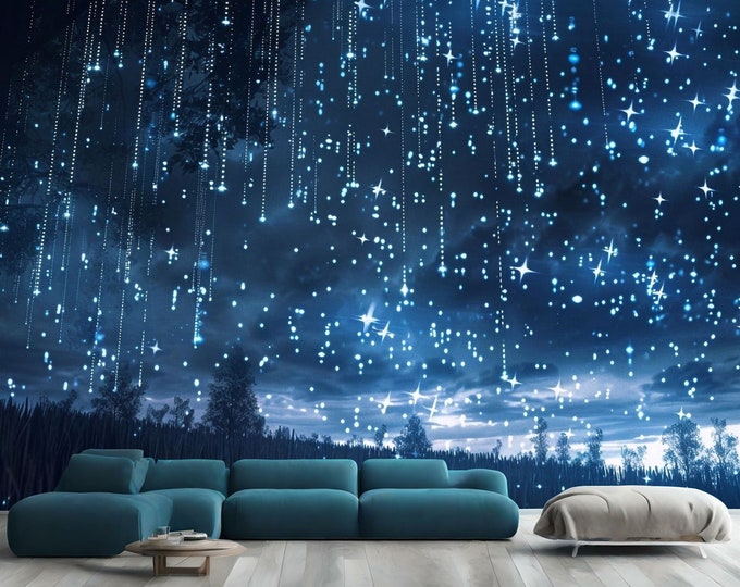 Night Sky Forest with Falling Stars Gift Decor, Art Print Photomural Wallpaper Mural Easy-Install Removeable Peel and Stick Large Wall Decal