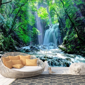 Waterfall Nature View Forest Art Print Photomural Wallpaper Mural Easy-Install Removeable Peel and Stick Premium Large Photo Wall Decal New