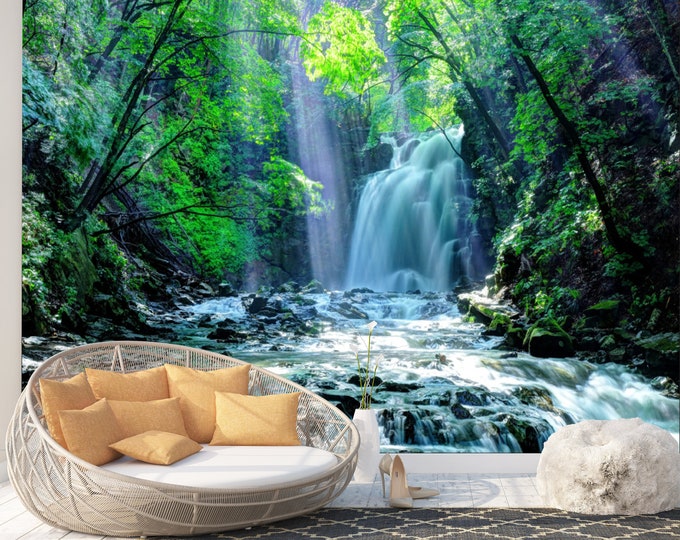 Waterfall Nature View Forest Art Print Photomural Wallpaper Mural Easy-Install Removeable Peel and Stick Premium Large Photo Wall Decal New